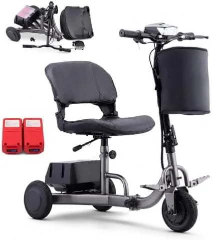 lightweight mobility scooter for seniors 50lbs foldable 3 wheel mobility scooter for adult 2 detachable batteries powered mobility scooters up to 8miles load capacity of 300lb gray