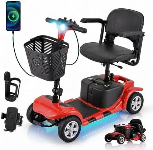 sunderwell mobility scooters for seniors adults compact foldable mobility scooter with tool free disassembly 15 miles range electric powered mobility scooters with 300 lb capacity usb port red