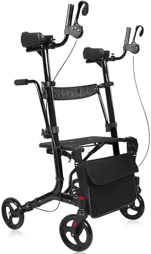 sunderwell upright walker for seniors adults with seat 450 lb capacity stand up walkers foldable 198 lbs lightweight adjustable arms 79 inch wheels for all terrain rollator walker black02